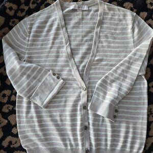 Ann Taylor Loft Tan V Neck Beige White Striped Cardigan 3/4 Sleeve Size M